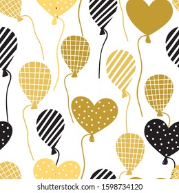Cartoon Ballons nahtloses Muster. Goldene und schwarze Elemente auf weißem Hintergrund. Vektorgrafik, handgezeichnet.