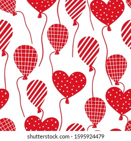 Cartoon balloons seamless pattern. Vector hand drawn illustration with red elements on white background