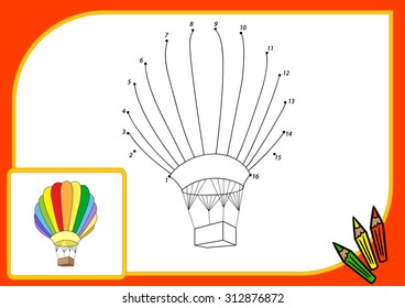 Cartoon ballooon. Connect dots and get image. Educational game for kids. Vector illustration