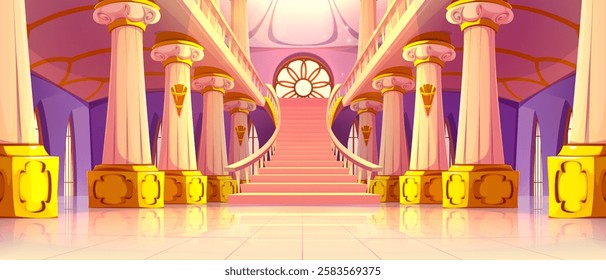 Cartoon ballroom interior with pink staircase and marble columns in palace hall. Royal castle corridor with ornate golden pedestals and wall torches. Medieval luxury chamber with stained glass window.