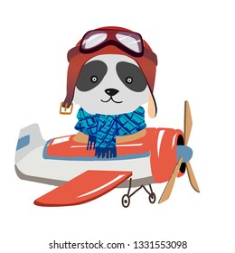 Cartoon bamboo bear, panda fly on a airplane. Image for children clothes, postcards.