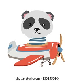 Cartoon bamboo bear, panda fly on a airplane. Image for children clothes, postcards.