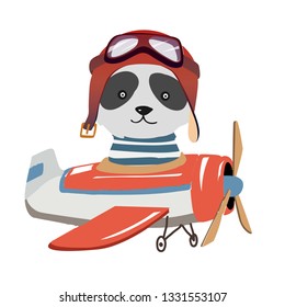 Cartoon bamboo bear, panda fly on a airplane. Image for children clothes, postcards.