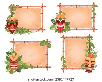 Cartoon bamboo frames with tiki totems. Hawaiian and african aboriginal totems on sign boards, bamboo frames with wooden tribal statues flat vector illustration set. Indigenous totem signs