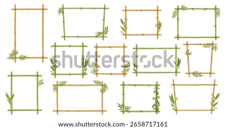 Cartoon bamboo frames. Wooden planks exotic signs, jungle borders with bamboo sticks and leaves flat vector illustration set. Bamboo frames on white