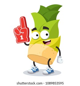 cartoon bamboo shoot character mascot with the number 1 one sports fan hand glove on a white background
