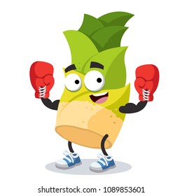 cartoon bamboo shoot mascot in red boxing gloves on white background