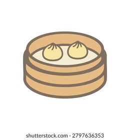Cartoon bamboo steamer filled with two dumplings in warm colors