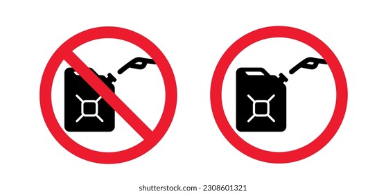 Caricatura que prohibe la gasolina, jerrycan con asa. No vierta combustible en el cartucho, lata de cerezo. Señal de tráfico de la lata. Depósito de combustible para transportar y almacenar gasolina. Can jerrycan, bote, aceite de motor.