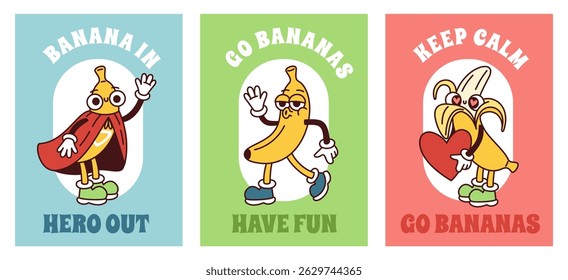 Cartoon banana cards. Funky fruit characters, groovy retro mascot with smiling faces, hands and feet, funny inscriptions, delicious summer print, colorful food posters garish vector set