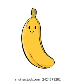 Cartoon banana. Banana character design. Fruit banana mascot concept. Banana on white background. Hand drawn. Vector illustration