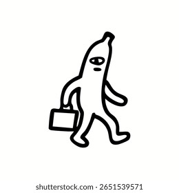 Caráter banana de desenho animado, com olhos grandes, carregando uma pasta, andando