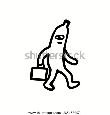 Cartoon banana character, with large eyes, carrying a briefcase, walking