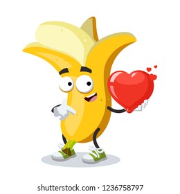 cartoon banana character mascot keeps the heart on white background