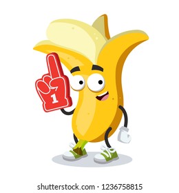 cartoon banana character mascot with the number 1 one sports fan hand glove on a white background