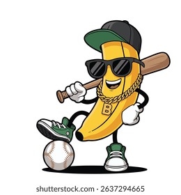 a cartoon banana character is shown wearing sunglasses, a hat, and a chain, holding a baseball bat, and standing on a baseball with sneakers on.