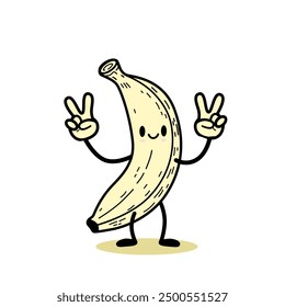 cartoon banana character with a smiling face, holding up two peace signs. Simple and fun design, perfect for playful and quirky projects.