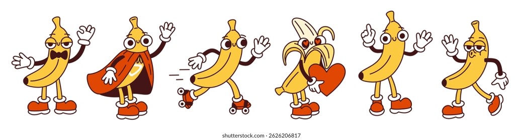 Cartoon banana characters. Groovy retro mascot with funky happy smile faces, hands and feet, different poses and emotions, summer fruits, stickers collection garish vector isolated set