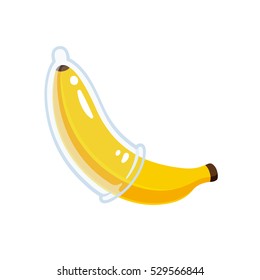 Cartoon Banana With Condom Illustration. Safe Sex, STD Prevention And AIDS Awareness Concept.