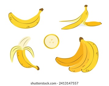 Cartoon banana drawing set. Bunch of bananas and banana peel. Vector hand drawn illustration in a trendy style. Line, contour.