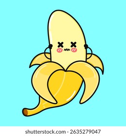 Uma Banana de desenho animado com um rosto expressivo é mostrado descascado aberto contra um fundo azul suave, bonito.