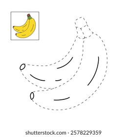 Cartoon banana fruit clip art illustration. Doodle banana coloring pages for kids. Trace and color banana. Coloring pages worksheets for kids activity printable. Kindergarten and preschool activity. 