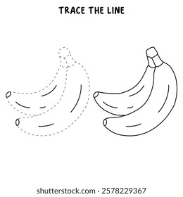 Cartoon banana fruit clip art illustration. Doodle banana coloring pages for kids. Trace and color banana. Coloring pages worksheets for kids activity printable. Kindergarten and preschool activity. 