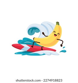 Cartoon banana fruit surfer character on beach vacation. Fresh vector tropical fruit personage has outdoor fun at sea resort riding surf board on sea wave. Healthy food on summer relax in ocean