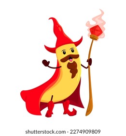 Cartoon banana fruit wizard or magician character. Vector necromancer fairytale personage with glowing magic staff. Funny smiling banana sorcerer, vitamin food wiz wear cape and hat casting spell