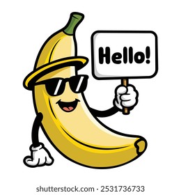 Cartoon Banana with Glasses Holding Hello Text Design