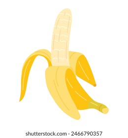 Cartoon-Bananen-Symbol. Handgezeichnete reife geschälte Banane, trendige flache Art gelbe Früchte. Tropische Früchte, Bananen-Snacks oder vegetarische Ernährung. Isoliert auf weißer Vektorillustration