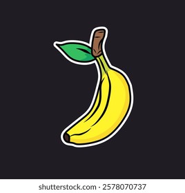 Cartoon Banana Illustration with Green Leaf on Dark Background