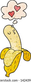 cartoon banana in love with thought bubble in grunge texture style