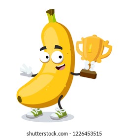 cartoon banana mascot holds the number one cup on white background