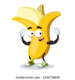 cartoon banana mascot shows its strength on a white background