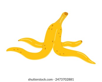 Cartoon banana peel icon. Yellow peel. Tropical organic yellow fruit vegan food. Hand drawn Trendy flat style isolated transparent background for comic art. Vector image clip art illustration