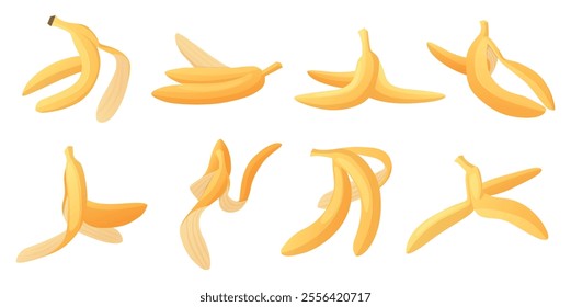 Cartoon banana peels. Isolated fruit peel various shapes, organic waste. Slippery garbage for comic accident fall down. Nowaday vector elements