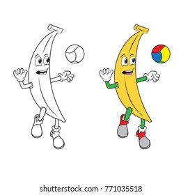 Cartoon banana playing volleyball. Vector clip art illustration with outline and flat colors. Each on a separate layer.