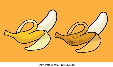 cartoon banana. Ripe and overripe banana. single, peeled and banana peel on the ground. Isolated on background - Fruit Vector