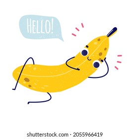 Cartoon banana saying hello. Funny fruit character isolated on white for design, sticker or other