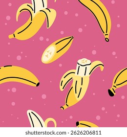 Cartoon banana padrão sem costura. Frutos doces inteiros e cortados com casca amarela, elementos alimentares orgânicos repetidos. Decoração têxtil, papel de embrulho, papel de parede. Imprimir para o fundo do vetor de tecido de colza