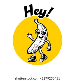 Cartoon banana t-shirt design sketch vector illustration. Happy walking cartoon banana fruit sketch engraving vector illustration. T-shirt apparel print design. Scratch board imitation