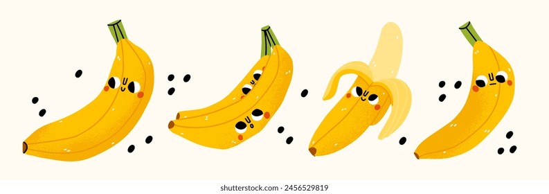 Cartoon Bananen mit Gesichtern. Niedliche moderne kindliche Zeichnungsstil Vektorillustration von Früchten. Isoliert auf weißem Hintergrund. Kawaii, Doodle Illustration. Bananen mit verschiedenen Emotionen