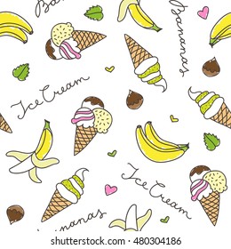 cartoon bananas and ice cream cones, vector seamless pattern