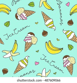 cartoon bananas and ice cream cones, vector seamless pattern