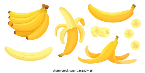 Bananas de caricatura. Plátano, fruta amarilla y ramo de plátanos. Frutas tropicales, bocadillos de plátano o nutrición vegetariana. Conjunto de iconos de ilustración vectorial aislados