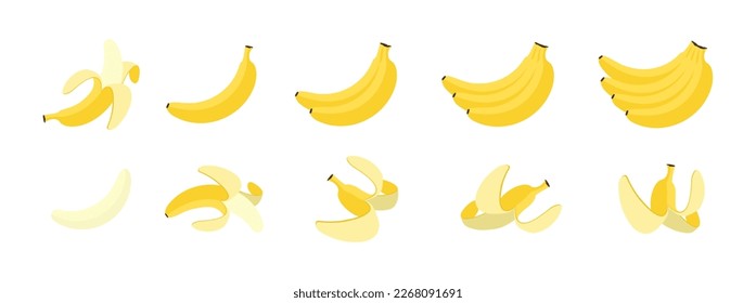 Bananas de dibujos animados. Plátano, fruta amarilla y panecillos. Frutas tropicales, bocadillos de plátano o nutrición vegetariana. Iconos de ilustración vectorial aislados establecen 10 pasos.