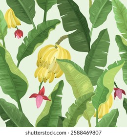 Cartoon bananas seamless pattern. Vector banana leaves, bunch of bananas. Yellow tropical fruits and leaves. Exotic sweet desserts. Vector illustration.