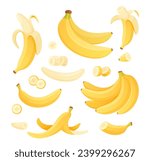 Cartoon bananas set. Vector banana icons, half peeled and slice banana snack, bunch of bananas. Yellow tropical fruits. Exotic sweet desserts. Healthy vegan food illustration. Vegetarian nutrition