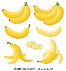 Cartoon bananas. Tropical yellow fruit, peeled banana and bunch of ripe bananas, vegetarian fresh fruits isolated vector illustration icons set. Vegan, healthy food. Natural product slices